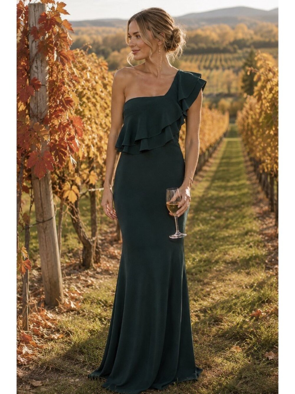Lulu's Dark Green One-Shoulder Ruffle Maxi Dress Never worn!